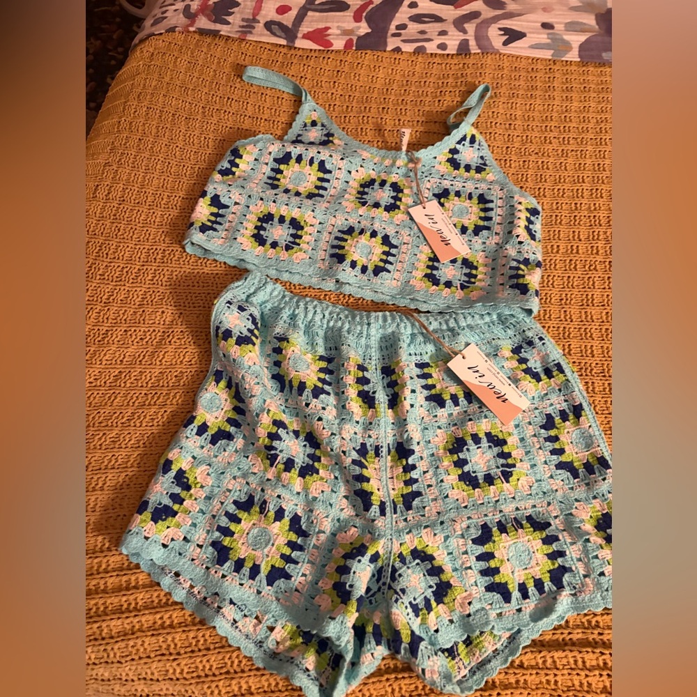 NWT Colorful Crochet Crop Top and Shorts Set